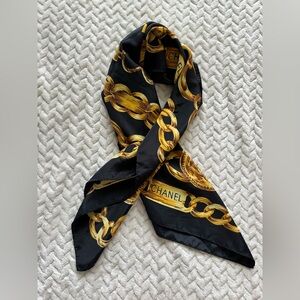CHANEL Gold Chain CC Silk Scarf Black 35” Square